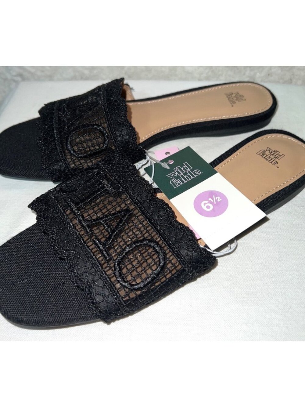 Wild Fable Black Lace Slip-On Flat Sandals Size 6.5 With Tags